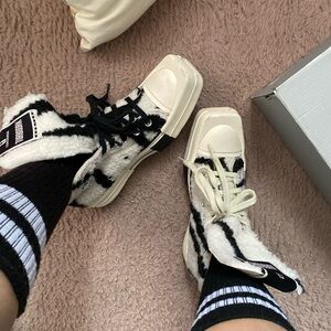 Rick Owens Cream and Black Shearling High-Top Sneakers